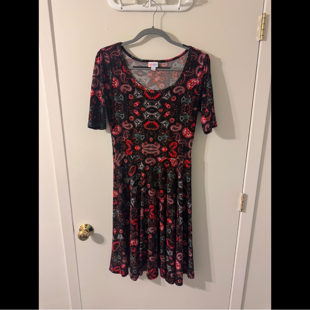 LuLaRoe Nicole Multicolored Fit and Flare Dress with Short Sleeves and Scoop